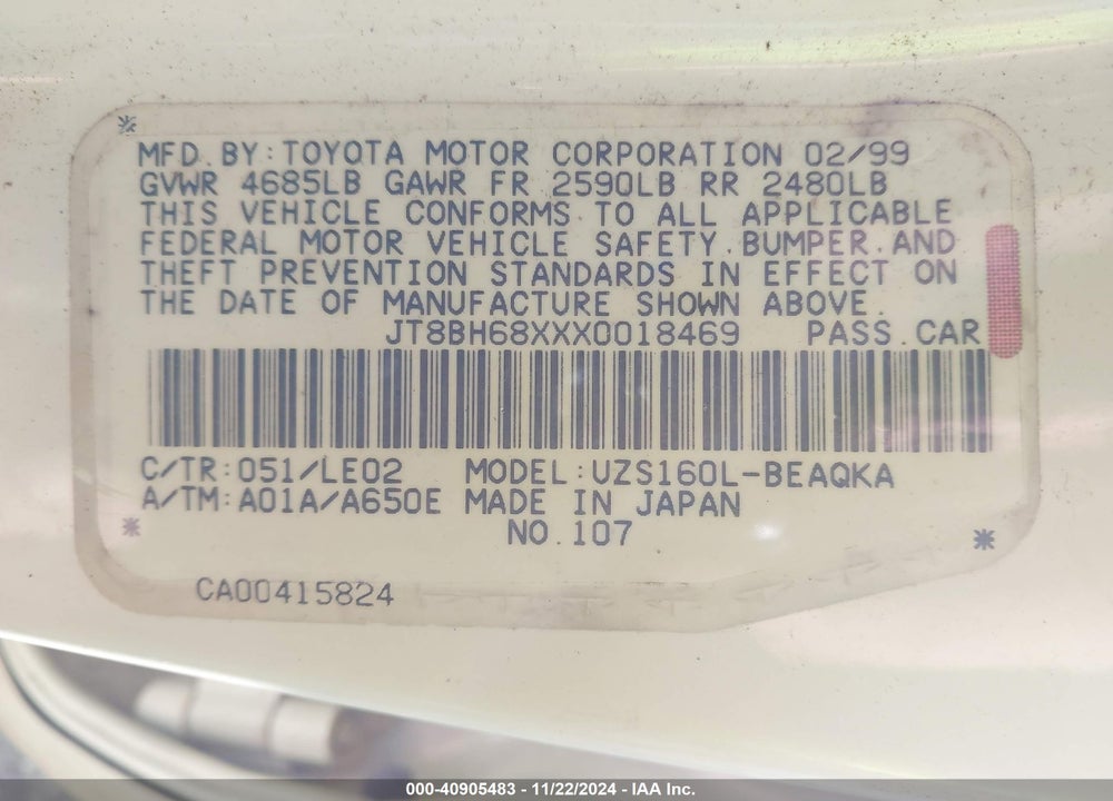 1999 LEXUS GS 400 VIN: JT8BH68XXX0018469