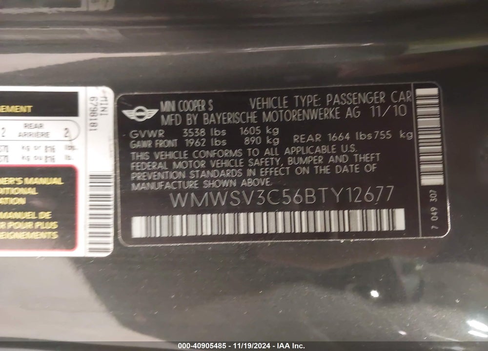 2011 MINI COOPER S VIN: WMWSV3C56BTY12677