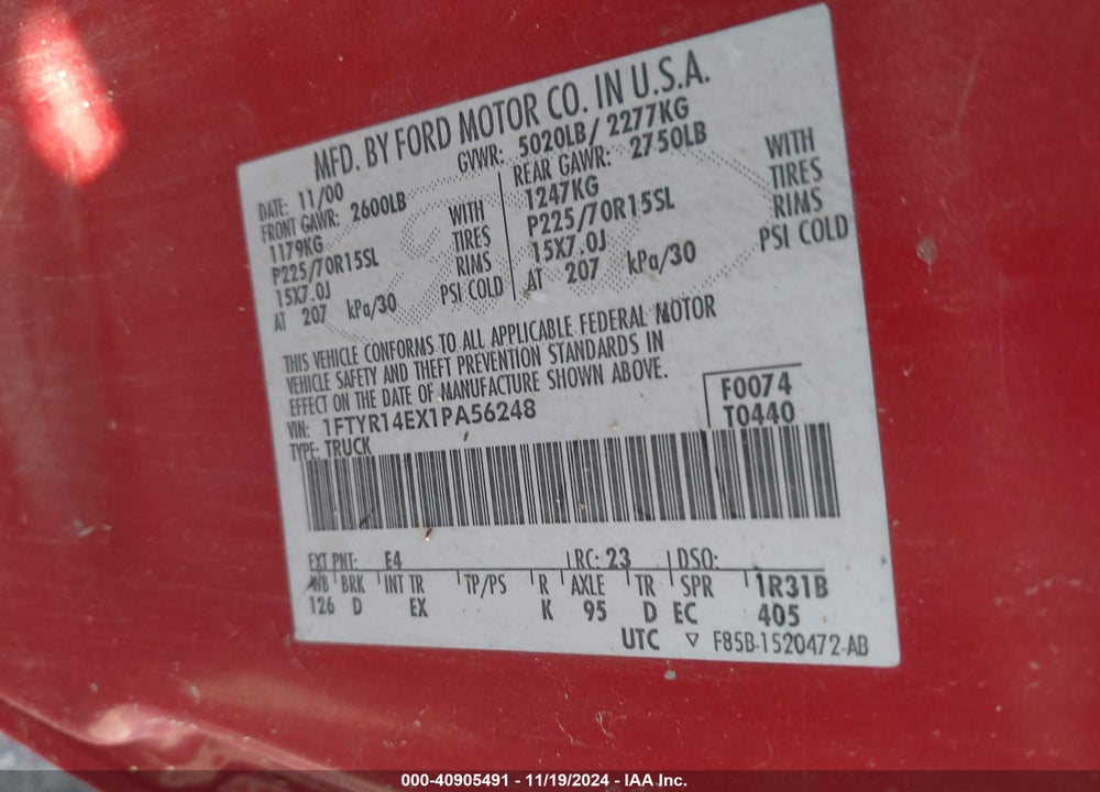2001 FORD RANGER EDGE/XLT VIN: 1FTYR14EX1PA56248