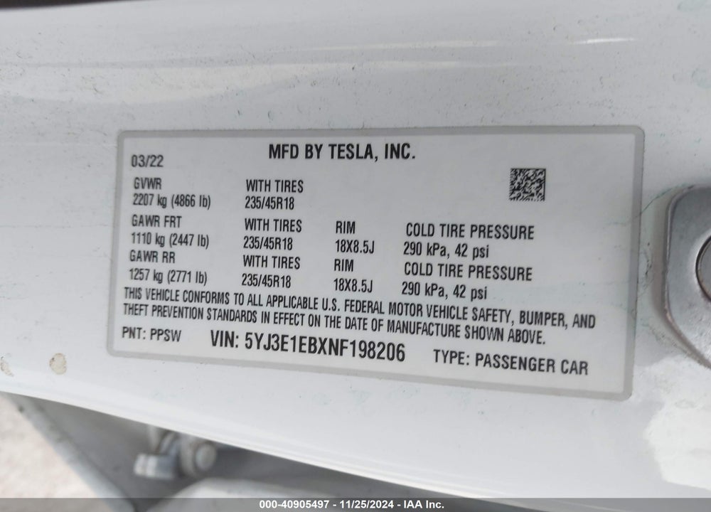 2022 TESLA MODEL 3 LONG RANGE DUAL MOTOR ALL-WHEEL DRIVE VIN: 5YJ3E1EBXNF198206