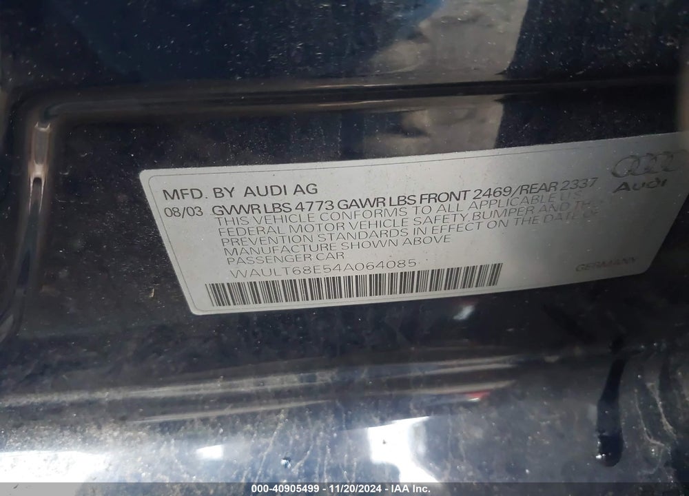 2004 AUDI A4 3.0 VIN: WAULT68E54A064085