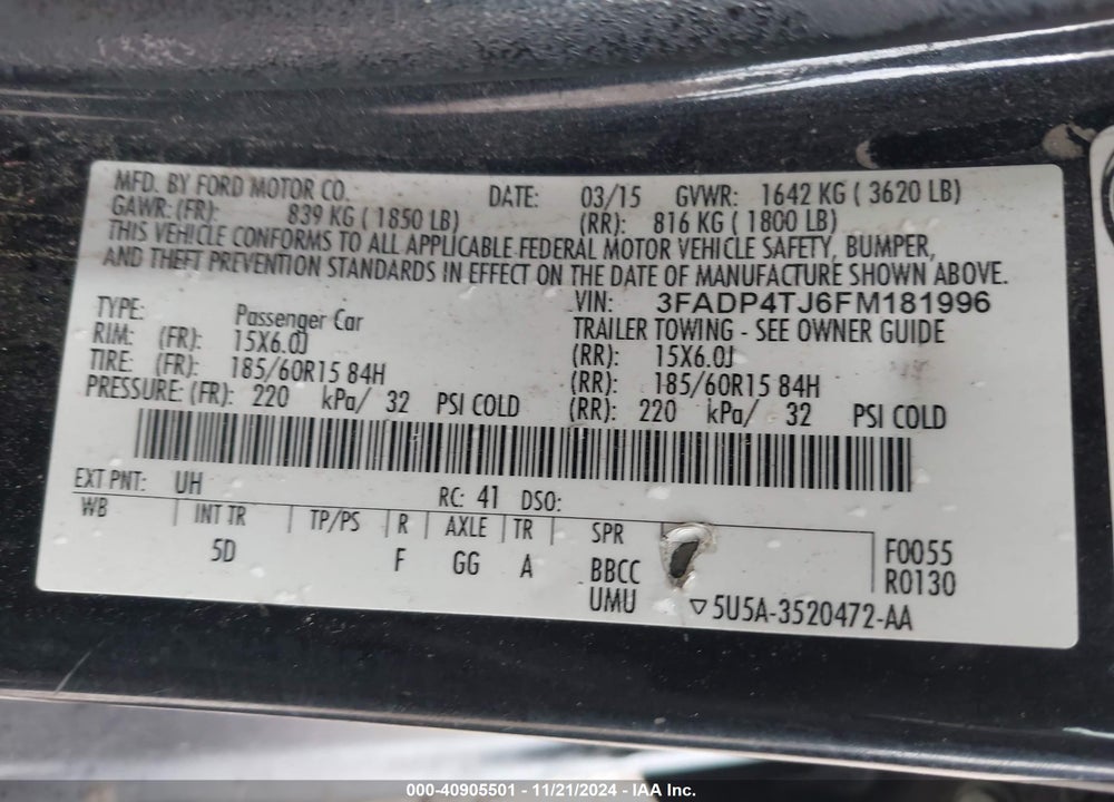 2015 FORD FIESTA S VIN: 3FADP4TJ6FM181996