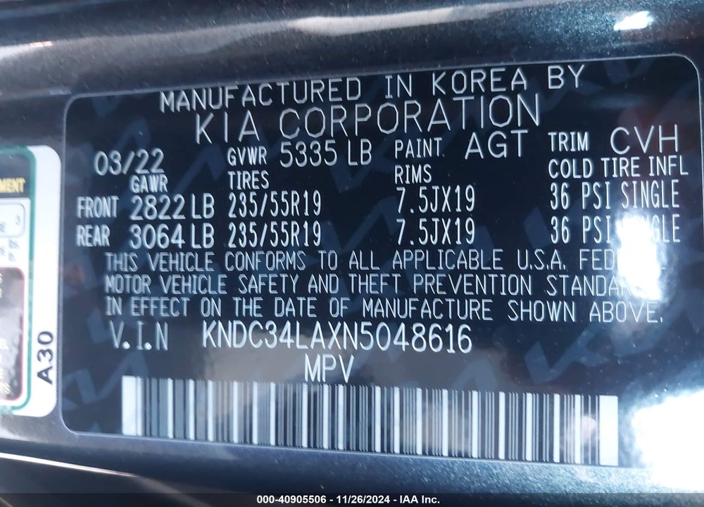 2022 KIA EV6 WIND VIN: KNDC34LAXN5048616