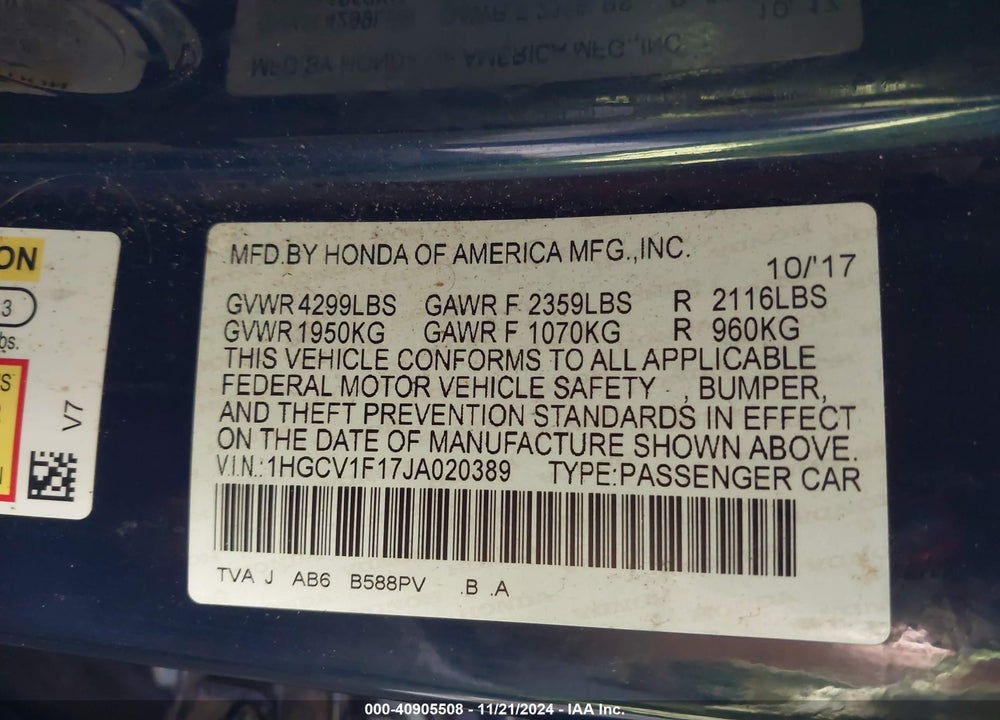 2018 HONDA ACCORD LX VIN: 1HGCV1F17JA020389