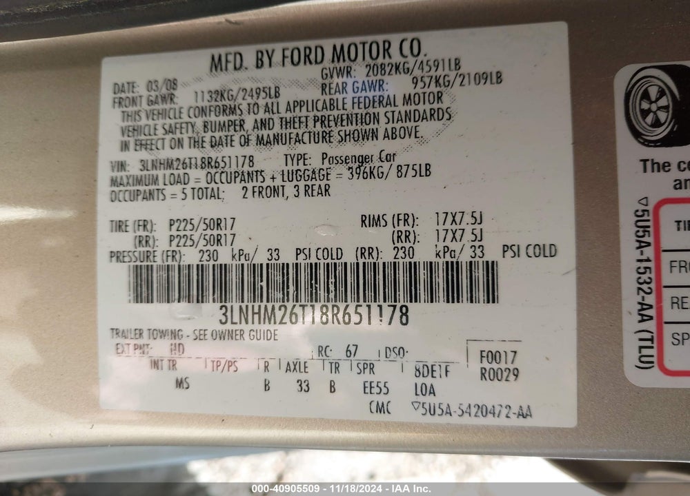 2008 LINCOLN MKZ VIN: 3LNHM26T18R651178