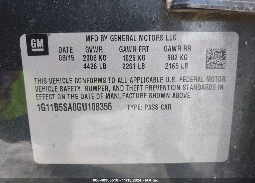 2016 CHEVROLET MALIBU LIMITED LS VIN: 1G11B5SA0GU108356