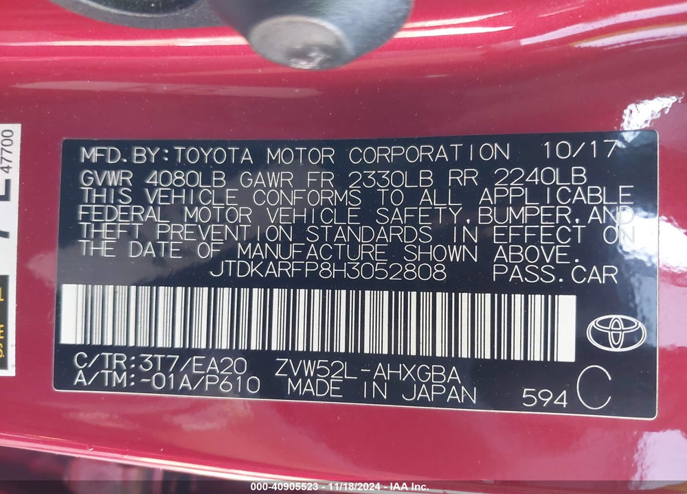 2017 TOYOTA PRIUS PRIME PREMIUM VIN: JTDKARFP8H3052808