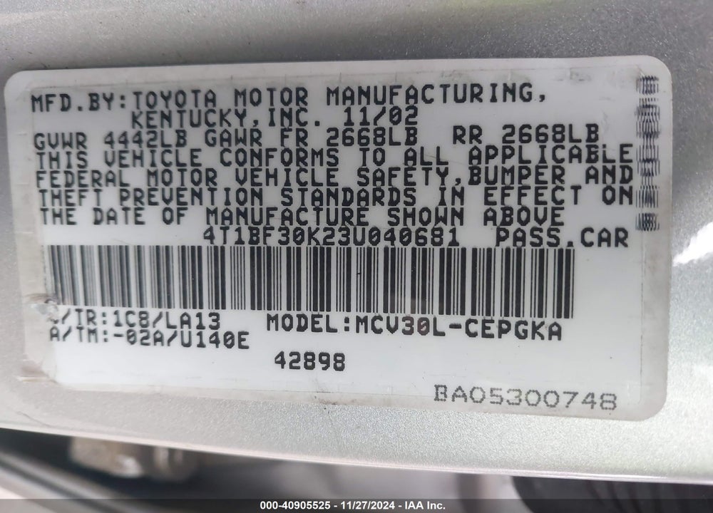 2003 TOYOTA CAMRY XLE V6 VIN: 4T1BF30K23U040681