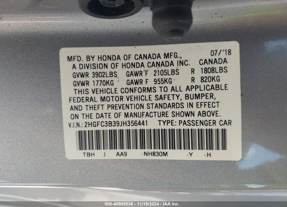 2018 HONDA CIVIC EX-T VIN: 2HGFC3B39JH356441