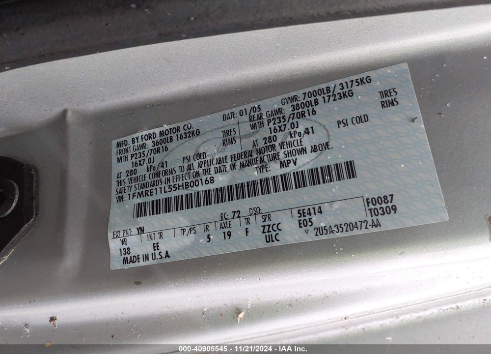 2005 FORD E-150 CHATEAU/XL/XLT VIN: 1FMRE11L55HB00168