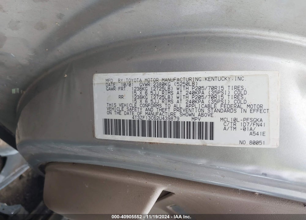 2002 TOYOTA SIENNA LE VIN: 4T3ZF13C62U439879