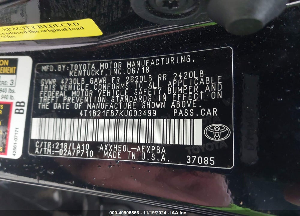 2019 TOYOTA AVALON HYBRID LIMITED VIN: 4T1B21FB7KU003499