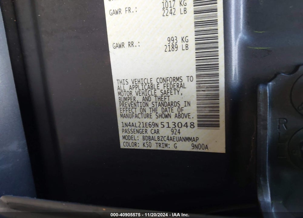 2009 NISSAN ALTIMA 2.5 S VIN: 1N4AL21E69N513048