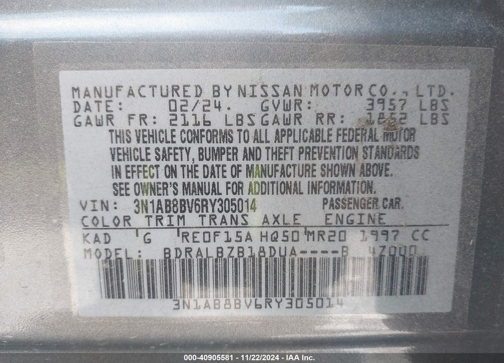 2024 NISSAN SENTRA S XTRONIC CVT VIN: 3N1AB8BV6RY305014