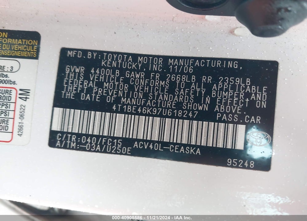 2007 TOYOTA CAMRY SE VIN: 4T1BE46K97U618247