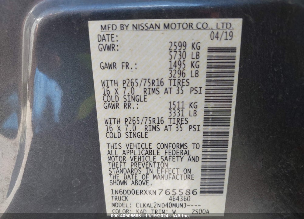 2019 NISSAN FRONTIER DESERT RUNNER VIN: 1N6DD0ERXKN765586