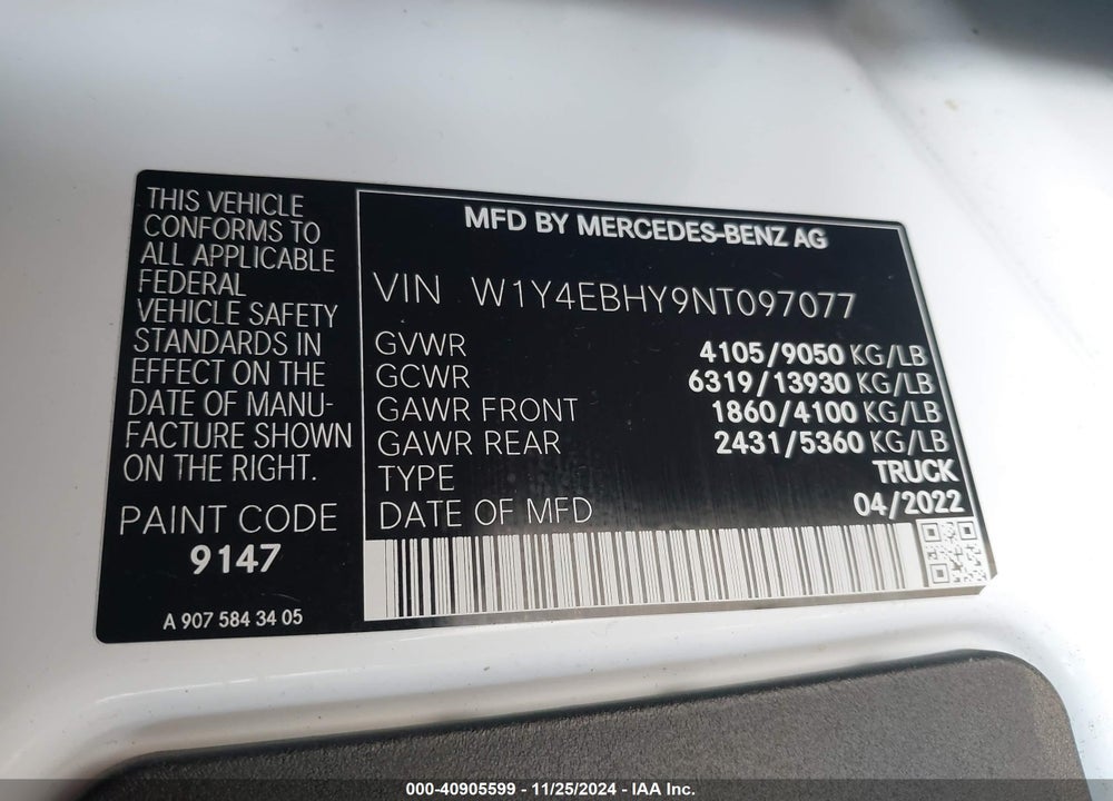 2022 MERCEDES-BENZ SPRINTER 2500 STANDARD ROOF V6 VIN: W1Y4EBHY9NT097077