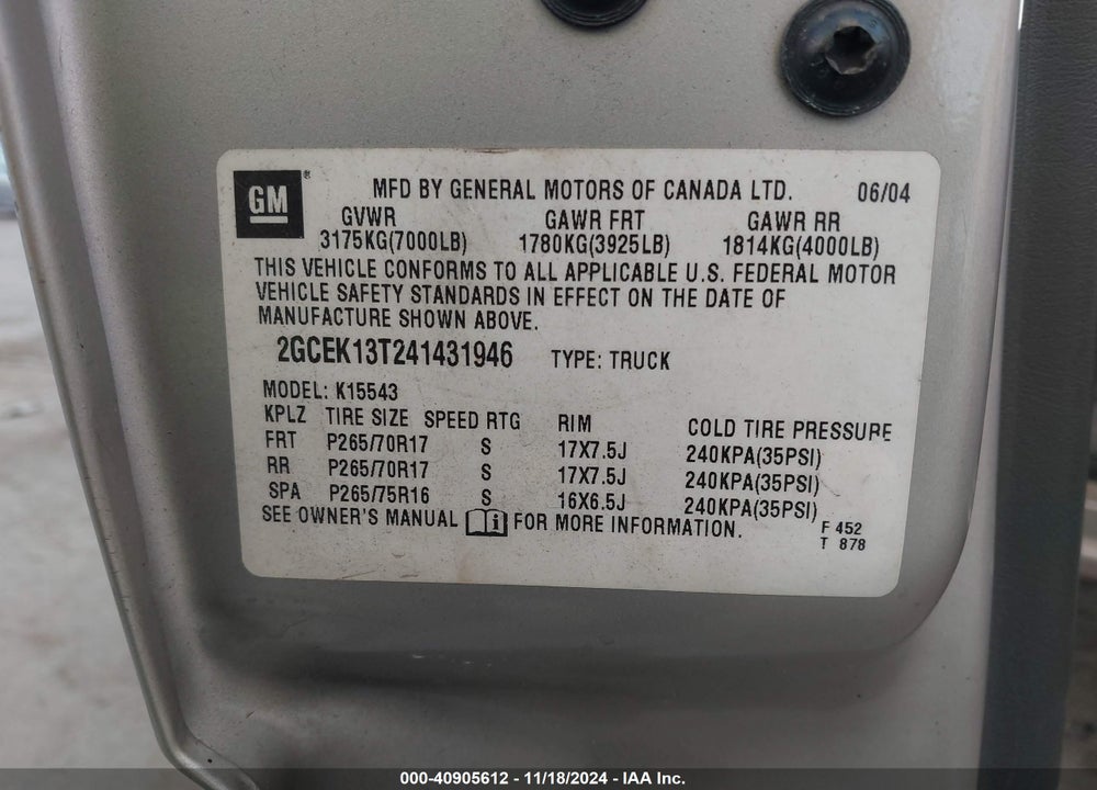 2004 CHEVROLET SILVERADO 1500 LT VIN: 2GCEK13T241431946
