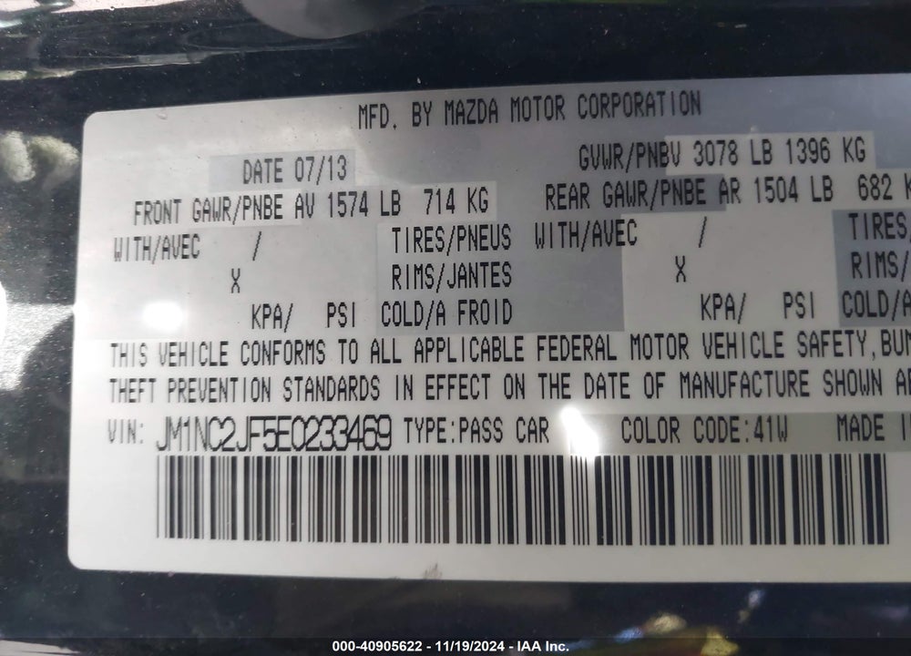 2014 MAZDA MX-5 MIATA SPORT VIN: JM1NC2JF5E0233469