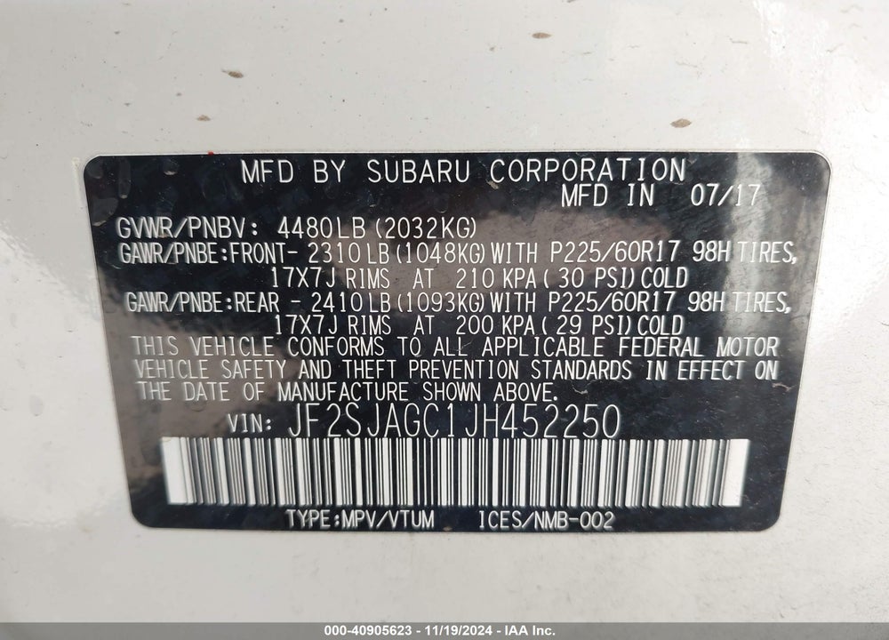 2018 SUBARU FORESTER 2.5I PREMIUM VIN: JF2SJAGC1JH452250