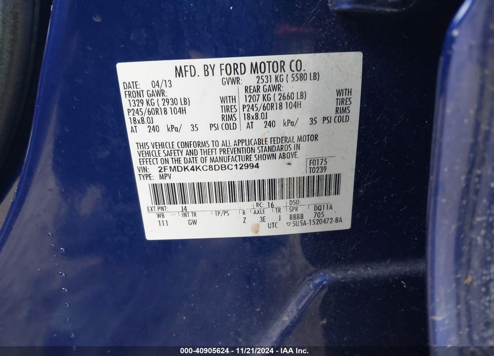 2013 FORD EDGE LIMITED VIN: 2FMDK4KC8DBC12994