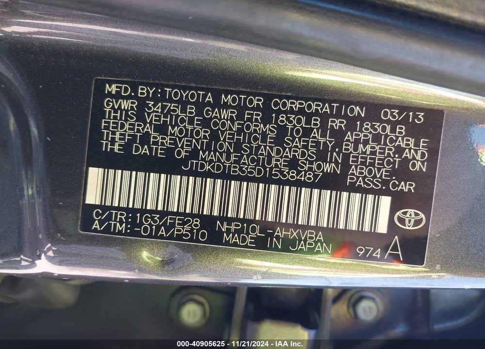 2013 TOYOTA PRIUS C ONE VIN: JTDKDTB35D1538487