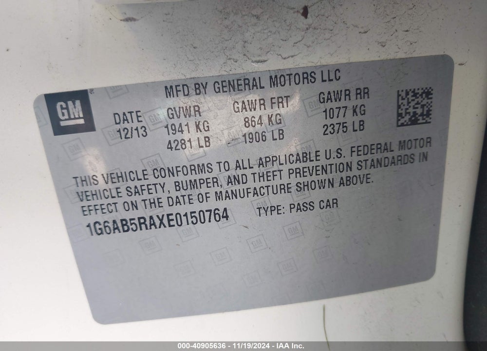 2014 CADILLAC ATS LUXURY VIN: 1G6AB5RAXE0150764