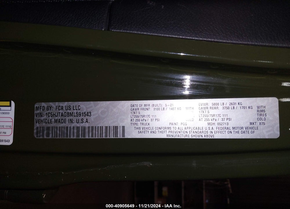 2021 JEEP GLADIATOR WILLYS 4X4 VIN: 1C6HJTAG8ML591543