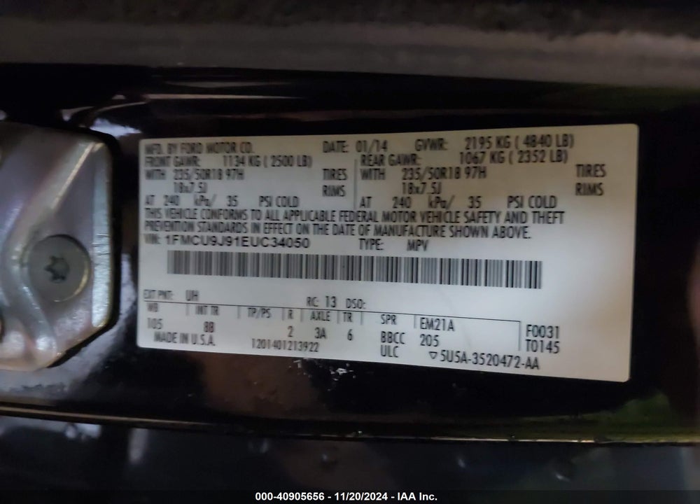 2014 FORD ESCAPE VIN: 1FMCU9J91EUC34050