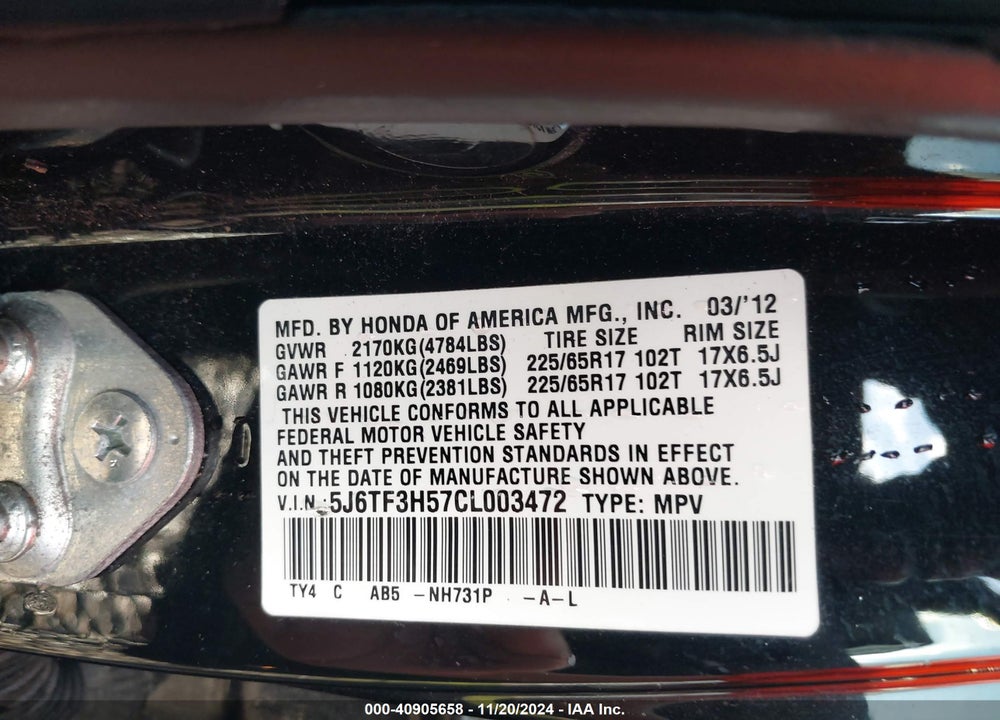 2012 HONDA CROSSTOUR 2.4 EX-L VIN: 5J6TF3H57CL003472
