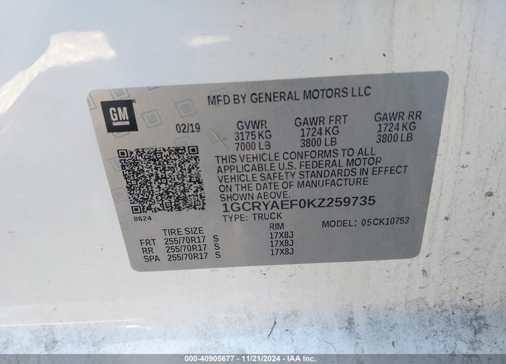 2019 CHEVROLET SILVERADO 1500 WORK TRUCK VIN: 1GCRYAEF0KZ259735