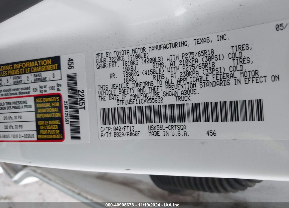 2012 TOYOTA TUNDRA GRADE 5.7L V8 VIN: 5TFUW5F11CX255832