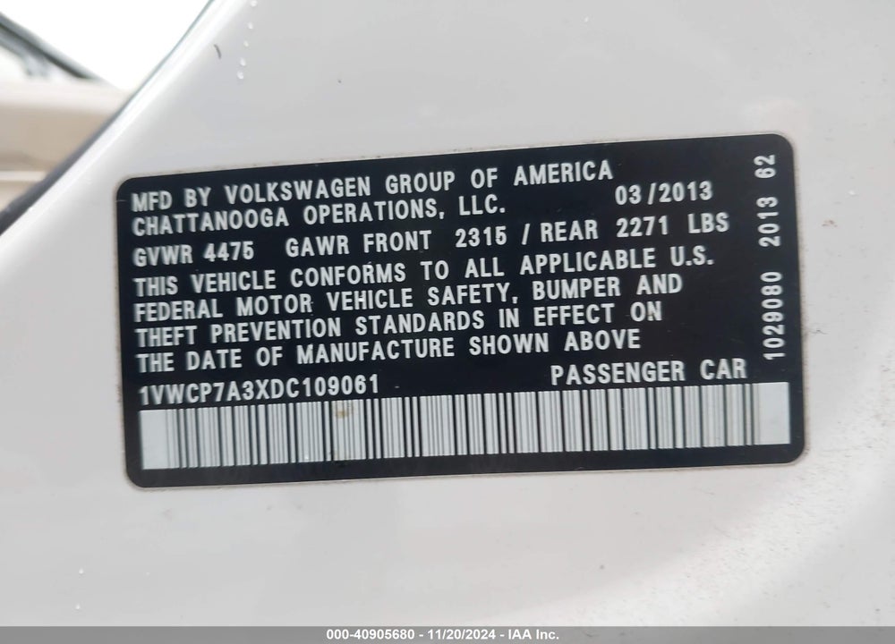 2013 VOLKSWAGEN PASSAT 2.5L SEL PREMIUM VIN: 1VWCP7A3XDC109061