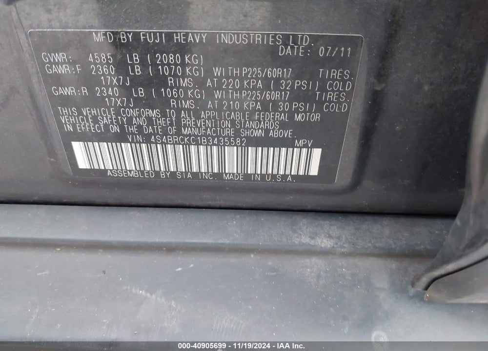 2011 SUBARU OUTBACK 2.5I LIMITED VIN: 4S4BRCKC1B3435582