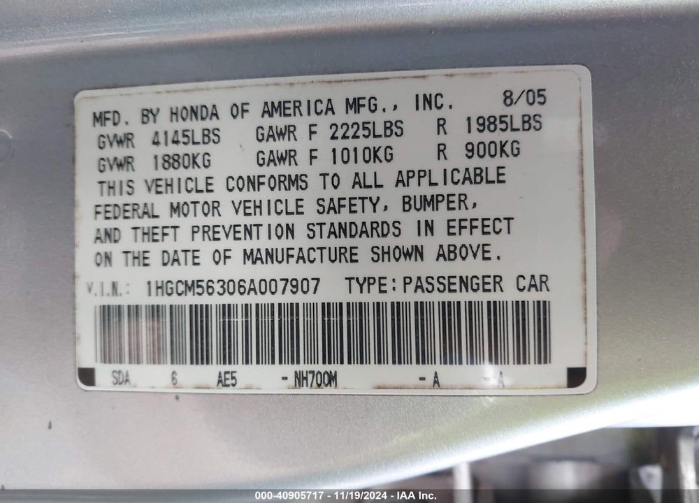 2006 HONDA ACCORD 2.4 SE VIN: 1HGCM56306A007907