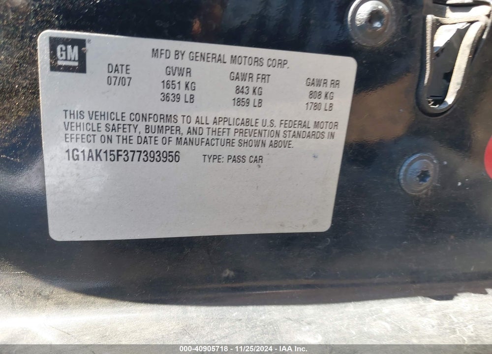 2007 CHEVROLET COBALT LS VIN: 1G1AK15F377393956