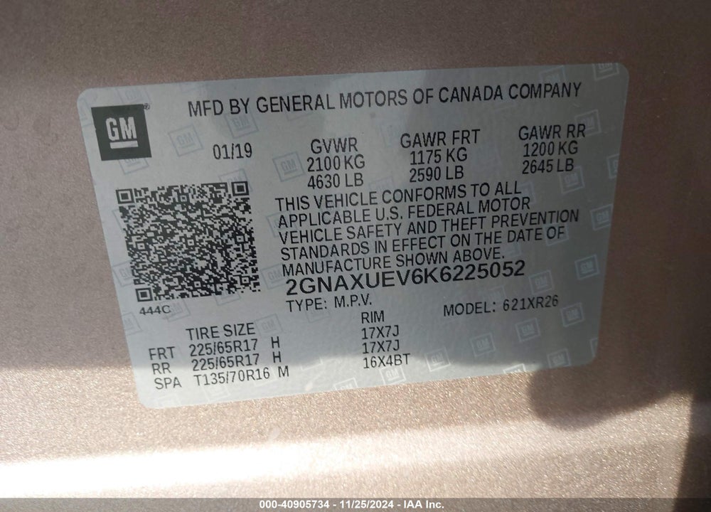 2019 CHEVROLET EQUINOX LT VIN: 2GNAXUEV6K6225052