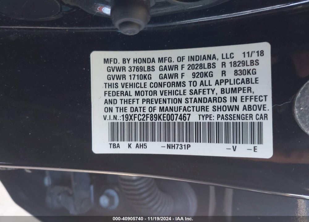 2019 HONDA CIVIC SPORT VIN: 19XFC2F89KE007467