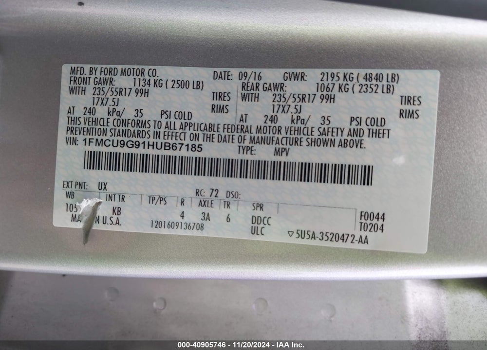 2017 FORD ESCAPE SE VIN: 1FMCU9G91HUB67185