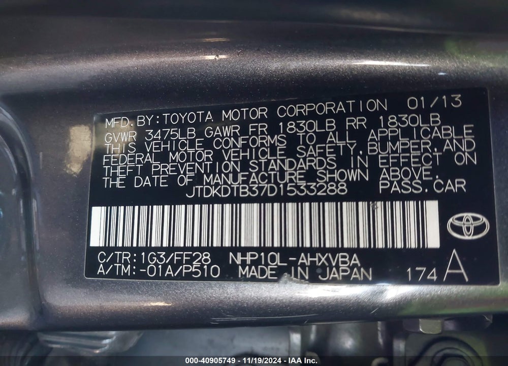 2013 TOYOTA PRIUS C VIN: JTDKDTB37D1533288