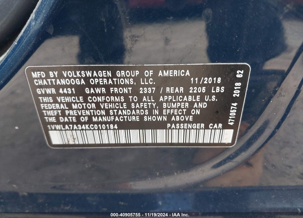 2019 VOLKSWAGEN PASSAT VIN: 1VWLA7A34KC010184