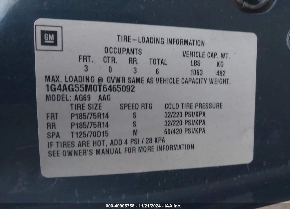 1996 BUICK CENTURY SPECIAL/CUSTOM/LIMITED VIN: 1G4AG55M0T6465092