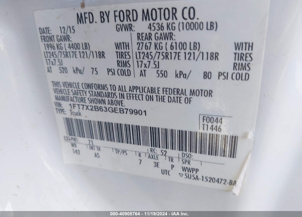 2016 FORD F-250 XL VIN: 1FT7X2B63GEB79901