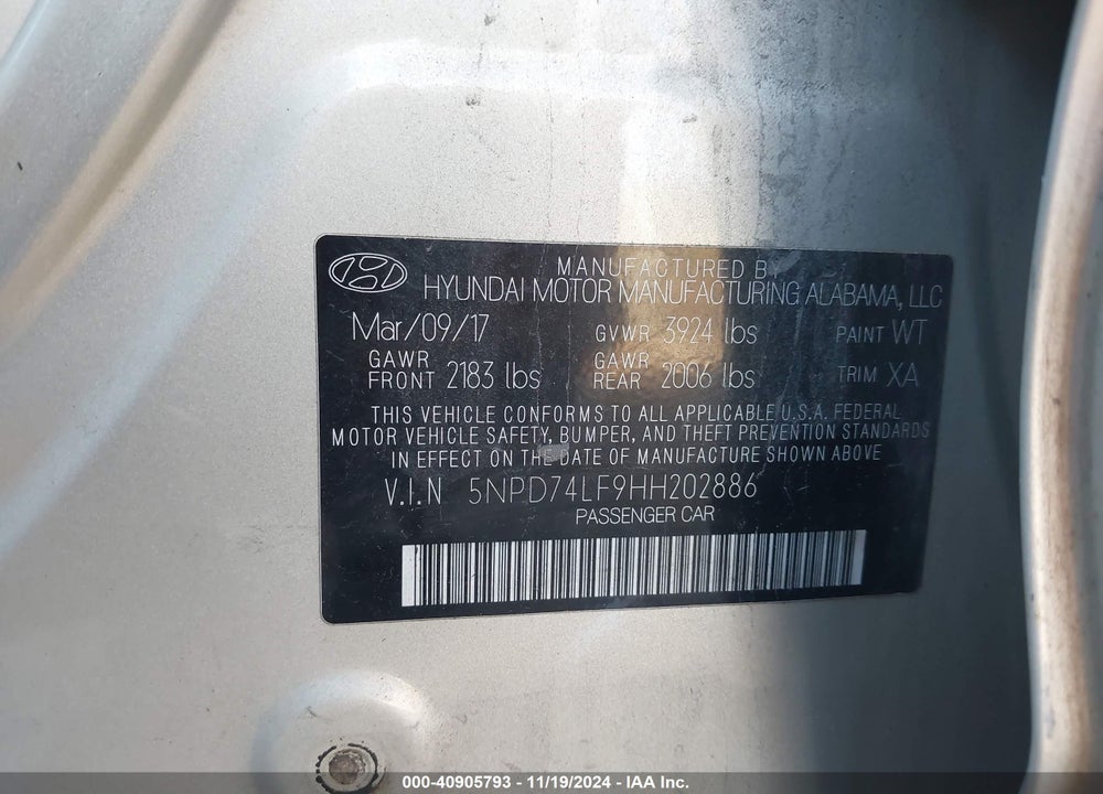 2017 HYUNDAI ELANTRA SE VIN: 5NPD74LF9HH202886