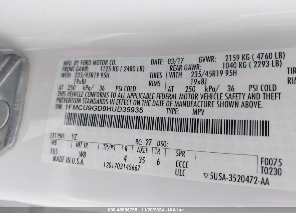 2017 FORD ESCAPE SE VIN: 1FMCU9GD9HUD35935