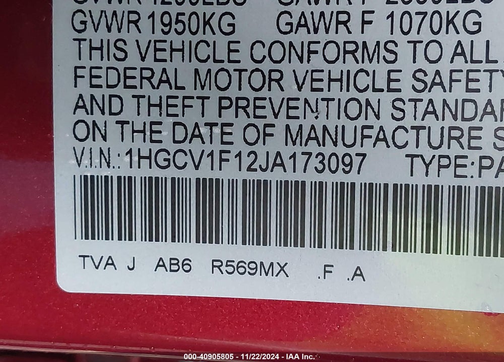 2018 HONDA ACCORD LX VIN: 1HGCV1F12JA173097