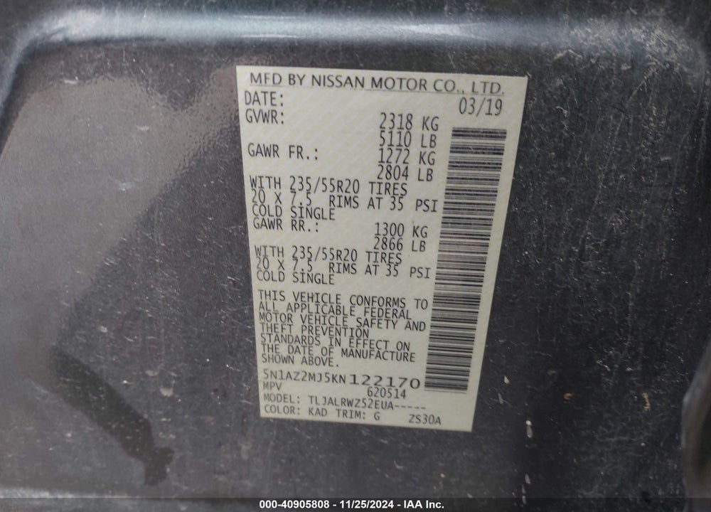 2019 NISSAN MURANO SL VIN: 5N1AZ2MJ5KN122170