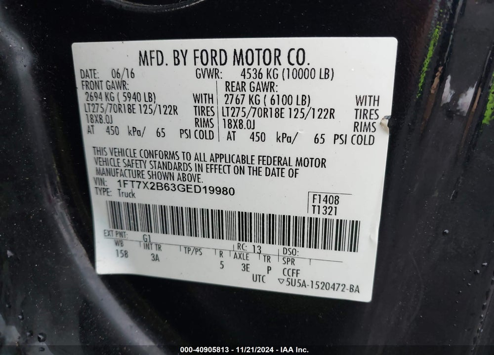 2016 FORD F-250 XLT VIN: 1FT7X2B63GED19980