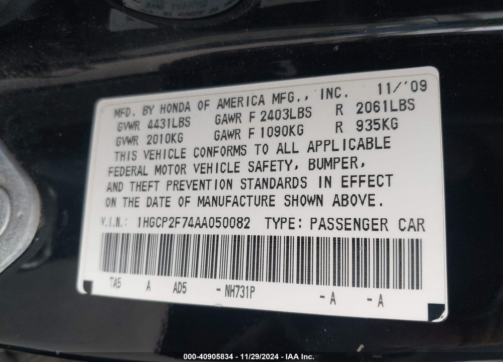 2010 HONDA ACCORD 2.4 EX VIN: 1HGCP2F74AA050082