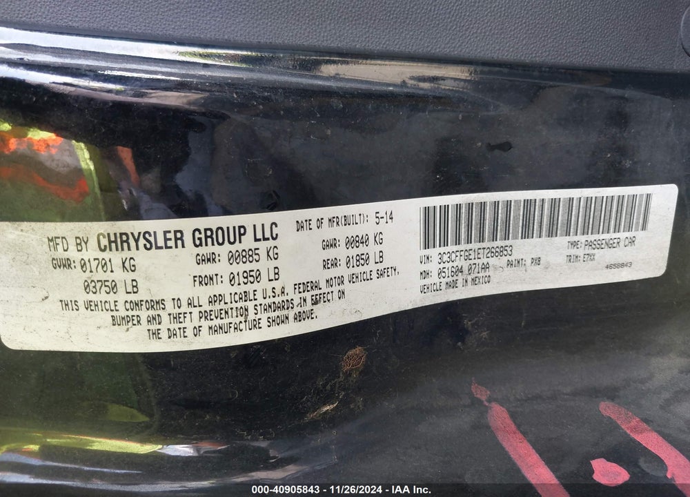 2014 FIAT 500E BATTERY ELECTRIC VIN: 3C3CFFGE1ET266853